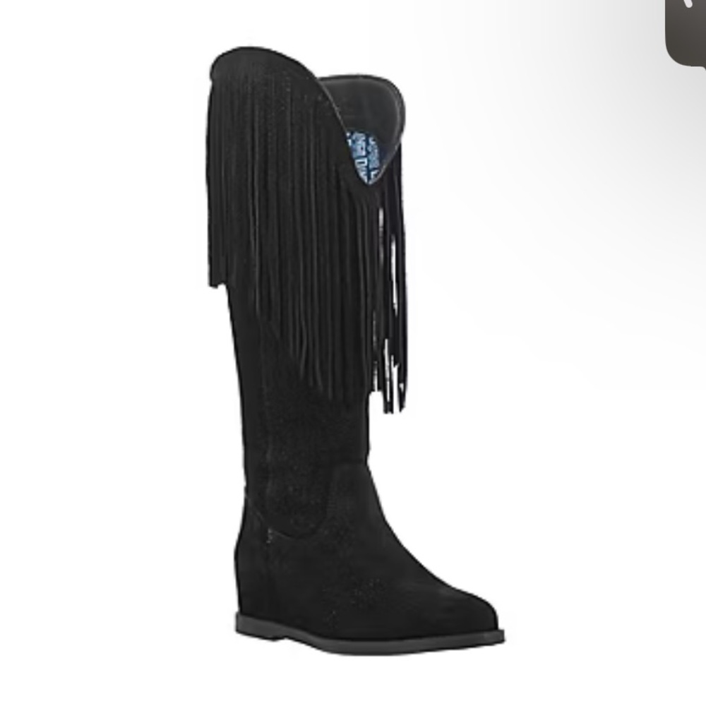 NEW Dingo Womens Hassie Flat Heel Cowboy Boots Black Fringe Knee-High Boots